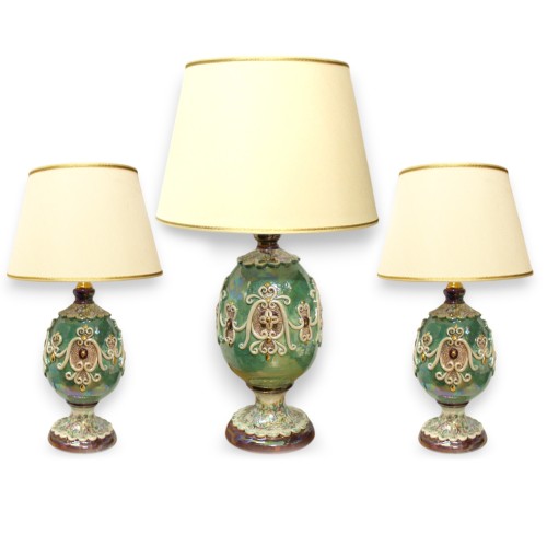 Trio de luminaires de style Fabergè Egg, en céramique de Caltagirone, avec émail en or pur 24 carats et nacre - 