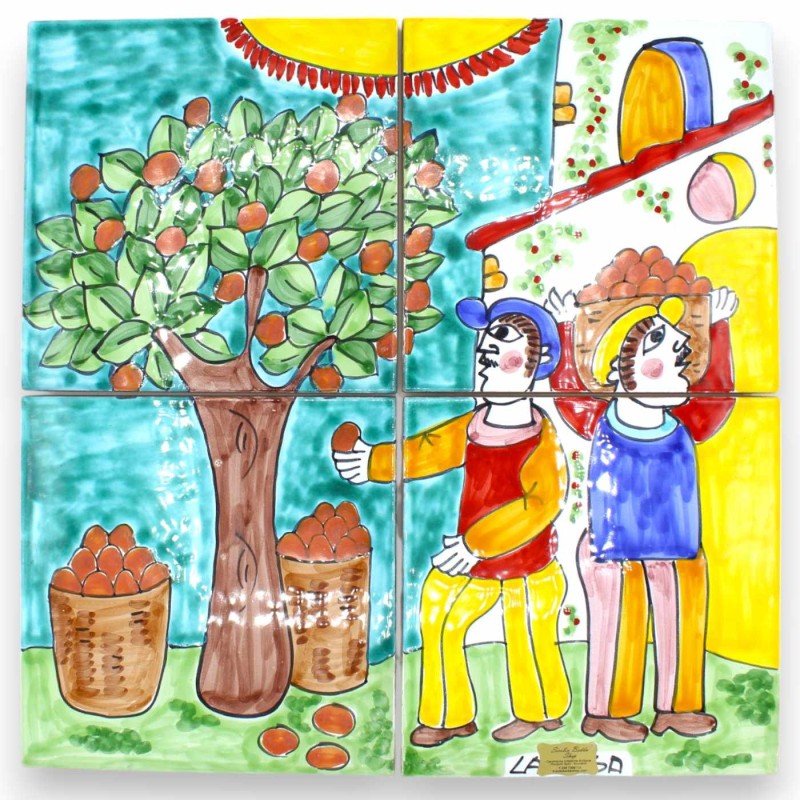 Panel h 40 x 40 cm approx. composed of 4 tiles h 20 x 20 cm approx. Sicilian ceramic, orange harvest scene MD1 - 