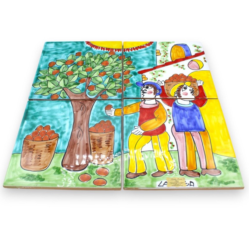 Platte H ca. 40 x 40 cm. bestehend aus 4 Fliesen H 20 x 20 cm ca. Sizilianische Keramik, Orangenernteszene MD1 - 
