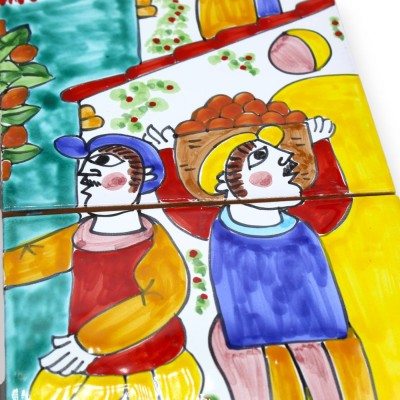 Panel h 40 x 40 cm approx. composed of 4 tiles h 20 x 20 cm approx. Sicilian ceramic, orange harvest scene MD1 - 