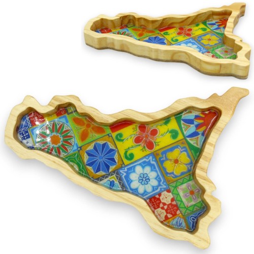 Sicily-shaped pine wood pocket emptier tray - h 17 x 25 cm approx. Various decorations (1pc) -  2