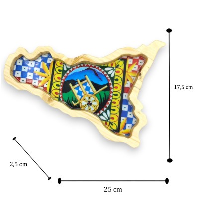 Taschenleertablett aus Kiefernholz in Form von Sizilien – H ca. 17 x 25 cm. Verschiedene Dekorationen (1 Stück) - 