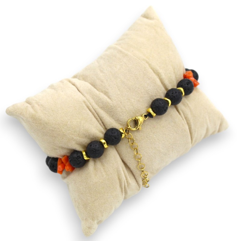 Bracelet with spheres in lava stone and bamboo coral, L 20 cm approx. - 