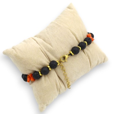 Bracelet with spheres in lava stone and bamboo coral, L 20 cm approx. - 