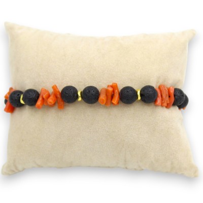 Bracelet with spheres in lava stone and bamboo coral, L 20 cm approx. - 