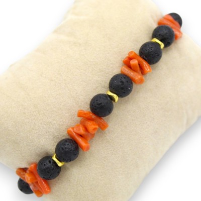 Bracelet with spheres in lava stone and bamboo coral, L 20 cm approx. - 