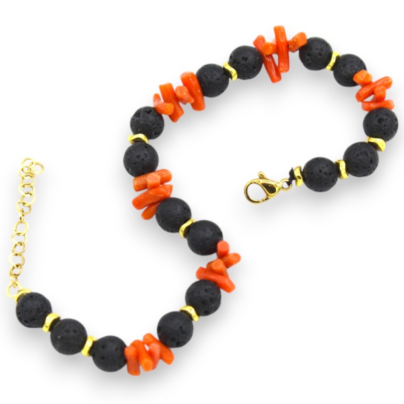 Pulseira com pedra de lava e esferas de coral de bambu, C aprox. 20 cm. - 