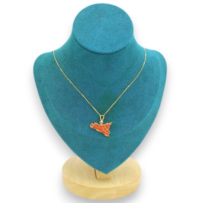 Collana in Argento 925, placcato Oro, h 46 + 2 cm ca. ciondolo SICILIA con sfere Corallo Torre del Greco - 