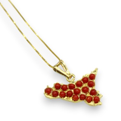 Collana in Argento 925, placcato Oro, h 46 + 2 cm ca. ciondolo SICILIA con sfere Corallo Torre del Greco - 