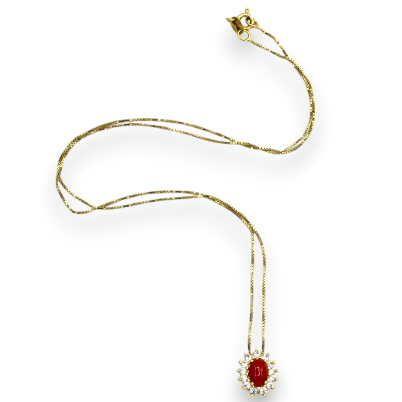 Collana in Argento 925, placcato Oro, h 44 + 1 cm ca. ciondolo Margherita con Corallo Torre del Greco e Zirconi - 