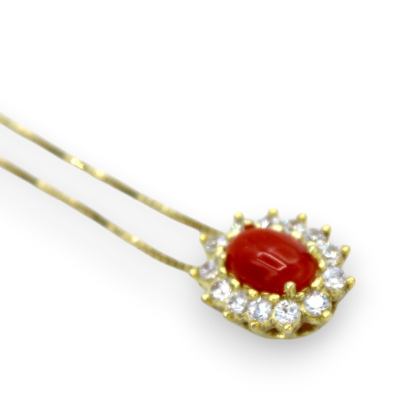 Collana in Argento 925, placcato Oro, h 44 + 1 cm ca. ciondolo Margherita con Corallo Torre del Greco e Zirconi - 