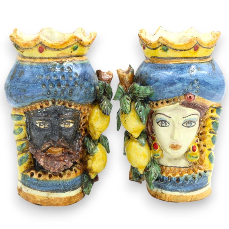Sicilianska hedhuvuden (par) h ca 18 cm Krona, blå turban och citronapplikation - 