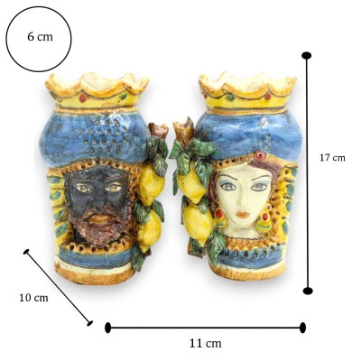 Sicilianska hedhuvuden (par) h ca 18 cm Krona, blå turban och citronapplikation - 