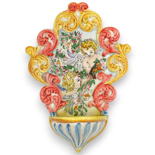 Bénitier en céramique Caltagirone - h 30 x 20 cm environ. Avec décorations en relief MD1 - 