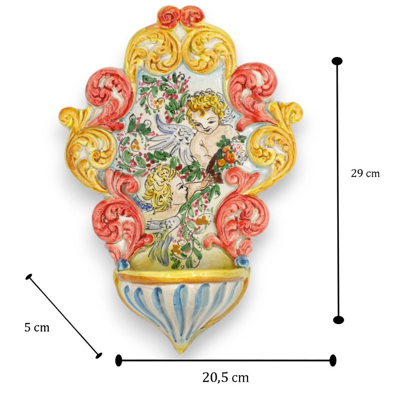 Bénitier en céramique Caltagirone - h 30 x 20 cm environ. Avec décorations en relief MD1 - 