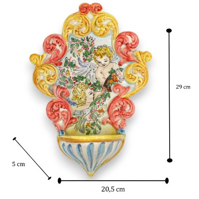 Bénitier en céramique Caltagirone - h 30 x 20 cm environ. Avec décorations en relief MD1 - 