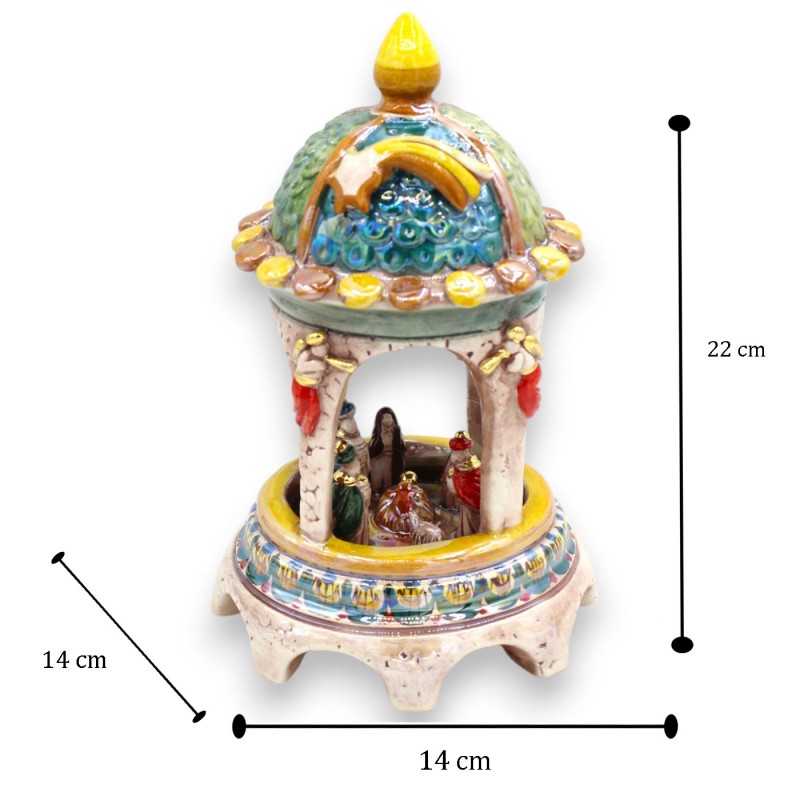 Barocke Kuppelkrippe, Caltagirone-Keramik, H ca. 22 cm. 24-karätiges reines Gold und Perlmutt-Emaille - 
