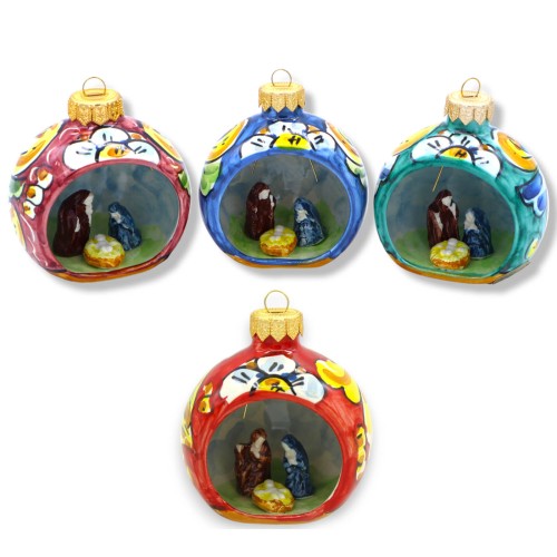 Boule de Noël avec crèche de Noël en céramique de Caltagirone, couleur sélectionnable et décoration aléatoire, h 9 cm en