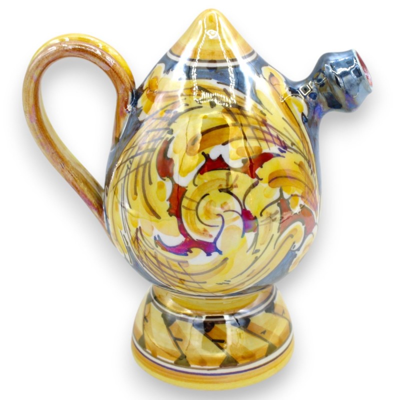 Bummulo malandrino Wasserflasche, Caltagirone-Keramik, H ca. 15 cm. Perlmutt-Emaille, Barockdekor, blauer und roter Hint