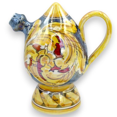 Bummulo malandrino Wasserflasche, Caltagirone-Keramik, H ca. 15 cm. Perlmutt-Emaille, Barockdekor, blauer und roter Hint