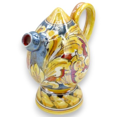Bummulo malandrino Wasserflasche, Caltagirone-Keramik, H ca. 15 cm. Perlmutt-Emaille, Barockdekor, blauer und roter Hint