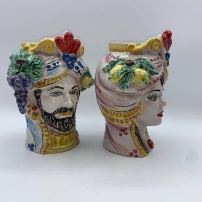 Tête de Caltagirone Moro classique avec fruits version émail poli - hauteur 20 cm - 
