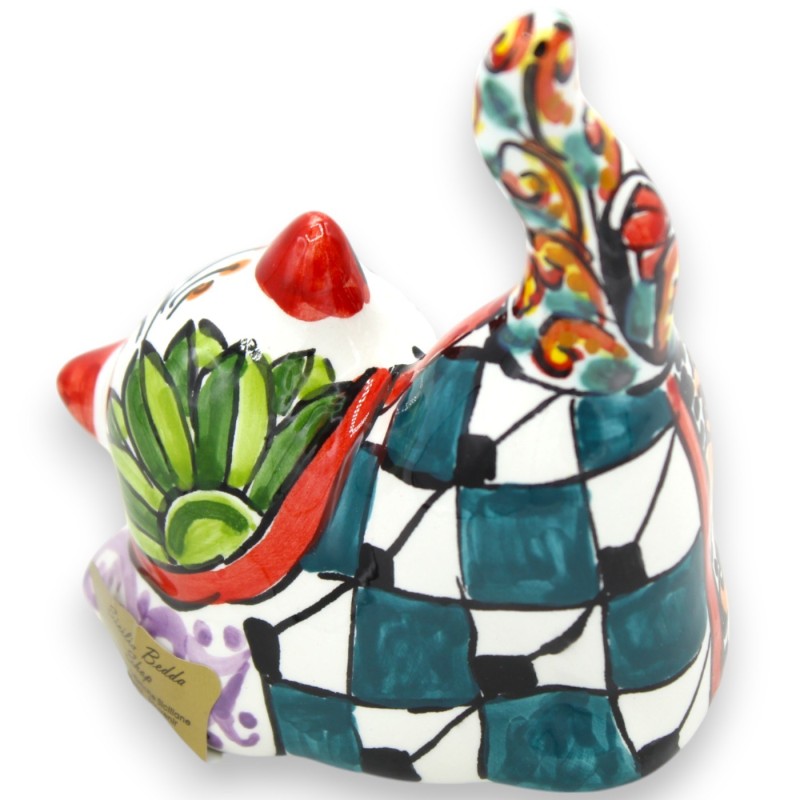 Gatto coda all'insù in Ceramica Caltagirone, h 11 x 9 cm ca. decoro moderno - 