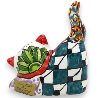 Gato com cauda arrebitada em cerâmica Caltagirone, h 11 x 9 cm aprox. decoração moderna - 