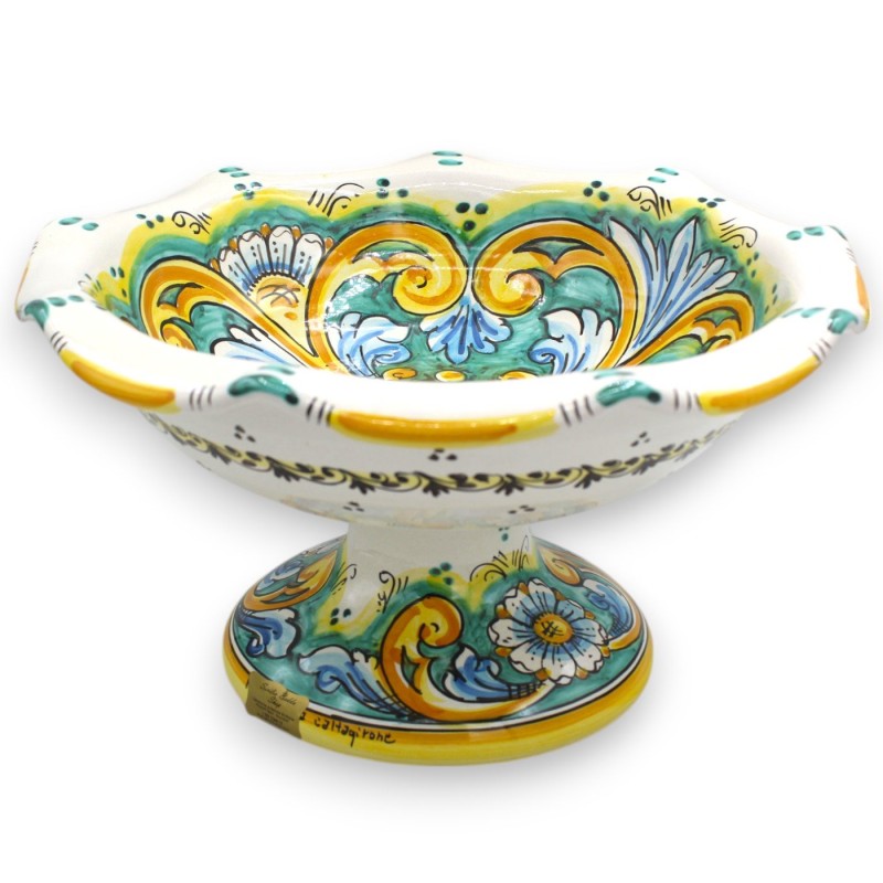 Gewellte Obstschale, Tafelaufsatz, Keramik aus Caltagirone, 4 Größen (1 Einheit), Barockdekor, Grünspan-Hintergrund mit 