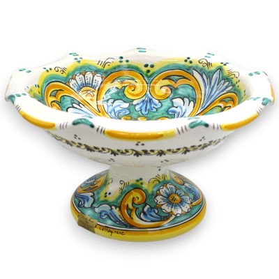 Centro de mesa frutero festoneado, cerámica de Caltagirone, 4 tamaños (1 unidad) Decoración barroca, fondo verdigris con