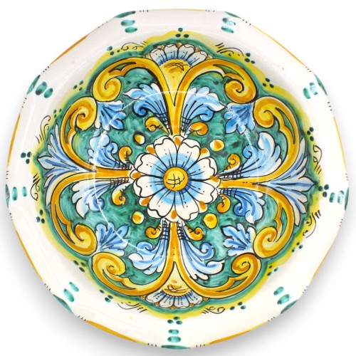 Centro de mesa frutero festoneado, cerámica de Caltagirone, 4 tamaños (1 unidad) Decoración barroca, fondo verdigris con 2