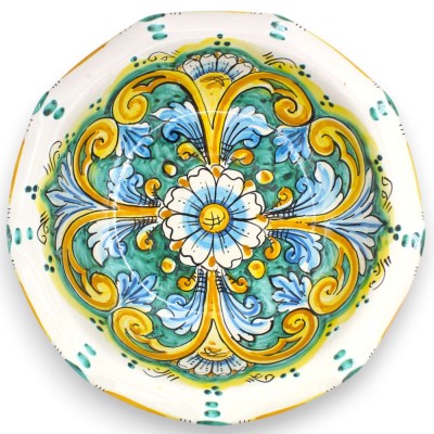 Alzata centrotavola fruttiera smerlata, ceramica Caltagirone, 4 misure (1unità) decoro Barocco, fondo verderame con fior
