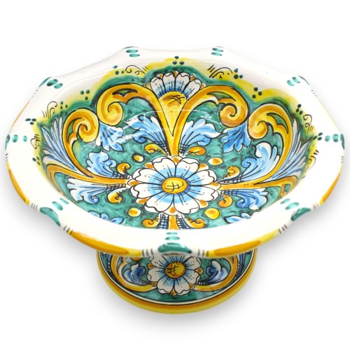 Scalloped fruit bowl centrepiece, Caltagirone ceramic, 4 sizes (1 unit) Baroque decoration, verdigris background with fl