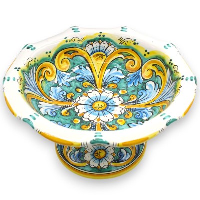 Alzata centrotavola fruttiera smerlata, ceramica Caltagirone, 4 misure (1unità) decoro Barocco, fondo verderame con fior