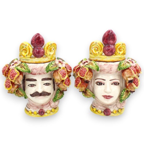 Sicilian Moorish heads with Crown (pair) h 25 cm approx. Caltagirone ceramic, pomegranate application - 