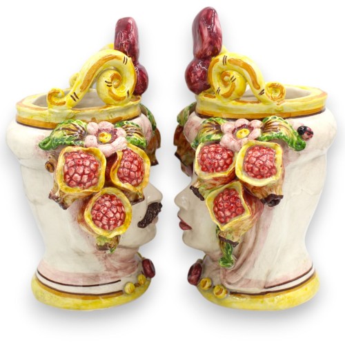 Sicilian Moorish heads with Crown (pair) h 25 cm approx. Caltagirone ceramic, pomegranate application -  2