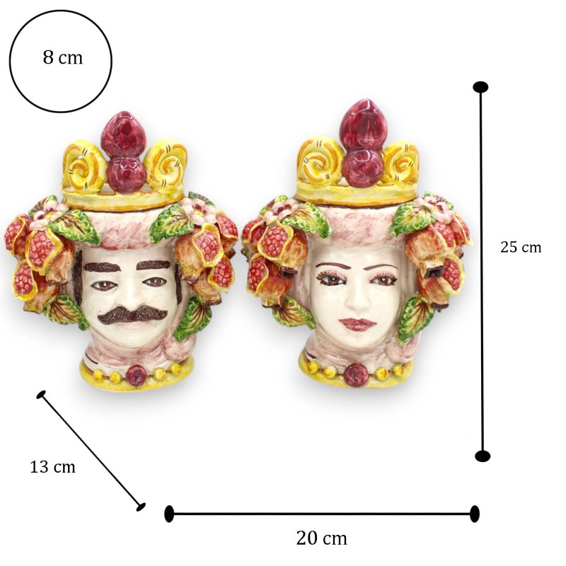 Sicilianska mörkbruna huvuden med krona (par) h ca 25 cm Caltagirone keramik, applicering av granatäpplen - 
