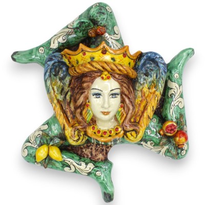 Trinacria aus Caltagirone-Keramik, H ca. 32 x 32 cm. grüner Hintergrund, mit Krone und Applikationen - 