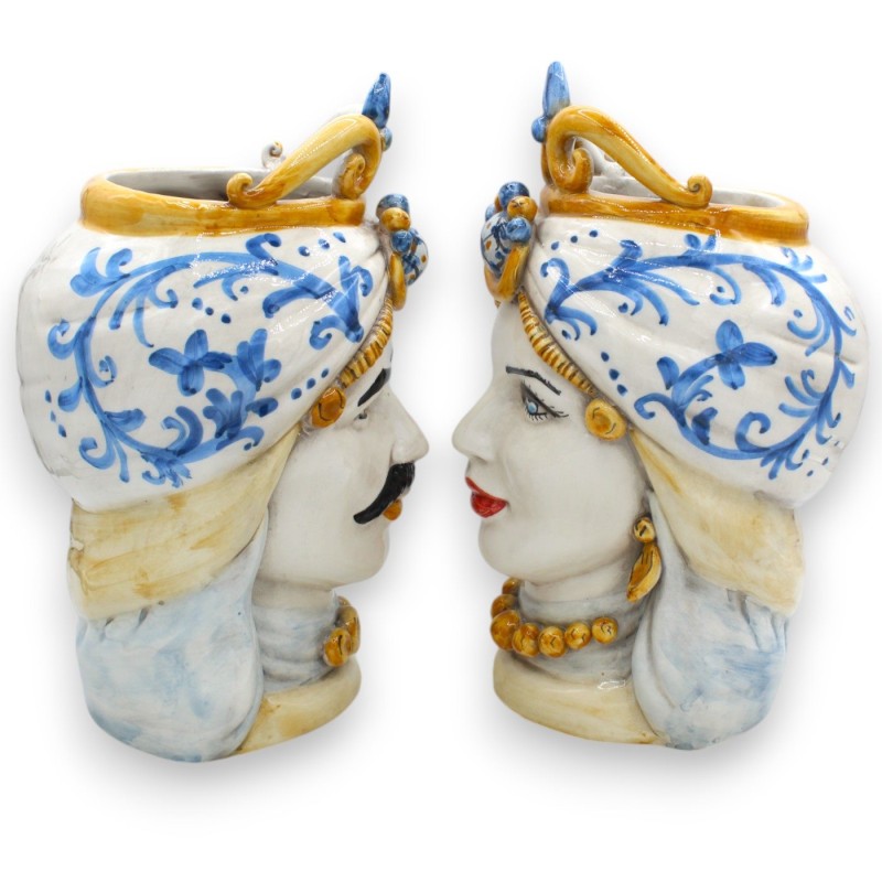 Teste di moro Siciliane (coppia) h 25 cm ca. ceramica Caltagirone, Corona e Turbante - 