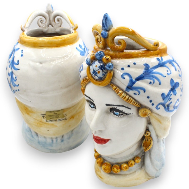 Sicilian Moorish heads (pair) h 25 cm approx. Caltagirone ceramic, Crown and Turban - 