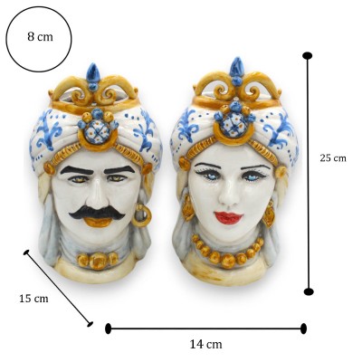 Teste di moro Siciliane (coppia) h 25 cm ca. ceramica Caltagirone, Corona e Turbante - 