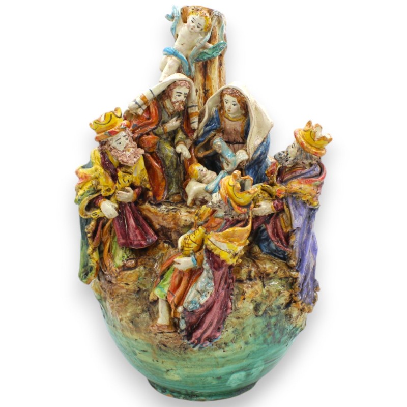 Crèche de la Sainte Famille, Nativité sur Globe h 34 x 20 cm environ. Céramique Caltagirone, pleine de personnages - 