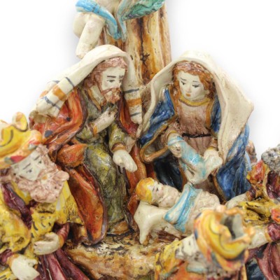 Crèche de la Sainte Famille, Nativité sur Globe h 34 x 20 cm environ. Céramique Caltagirone, pleine de personnages - 