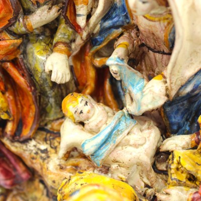 Crèche de la Sainte Famille, Nativité sur Globe h 34 x 20 cm environ. Céramique Caltagirone, pleine de personnages - 