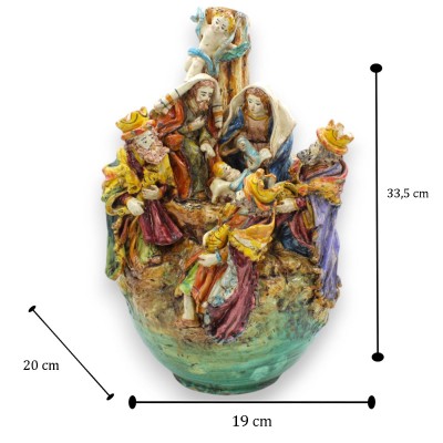 Crèche de la Sainte Famille, Nativité sur Globe h 34 x 20 cm environ. Céramique Caltagirone, pleine de personnages - 