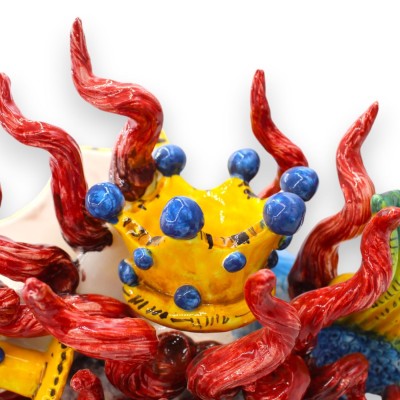 Moor's head model Colapesce, Sicilian Legend, in fine Ceramic, h 40 cm approx. With applications and decorations in reli