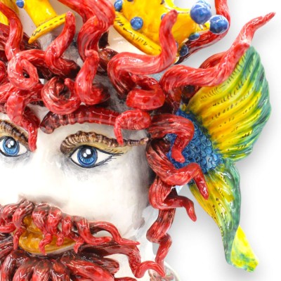 Moor's head model Colapesce, Sicilian Legend, in fine Ceramic, h 40 cm approx. With applications and decorations in reli