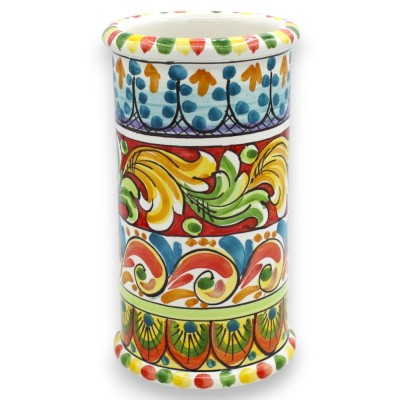 Schöpflöffelhalter aus Caltagirone-Keramik, H 20 x Ø 10 cm ca. (1 Stück), mit Rand, mehrfach dekoriert - 