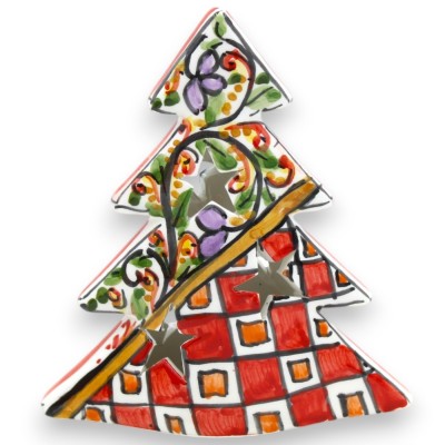 Modern style Christmas tree, free-standing, Caltagirone ceramic h 12 cm approx. perforated and multi-decorated - 