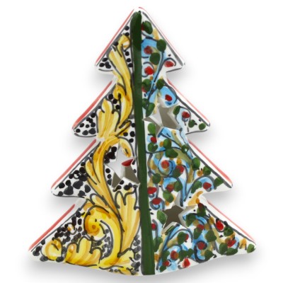Albero di Natale in stile moderno, da appoggio, ceramica Caltagirone h 12 cm ca. traforato e multi-decoro - 